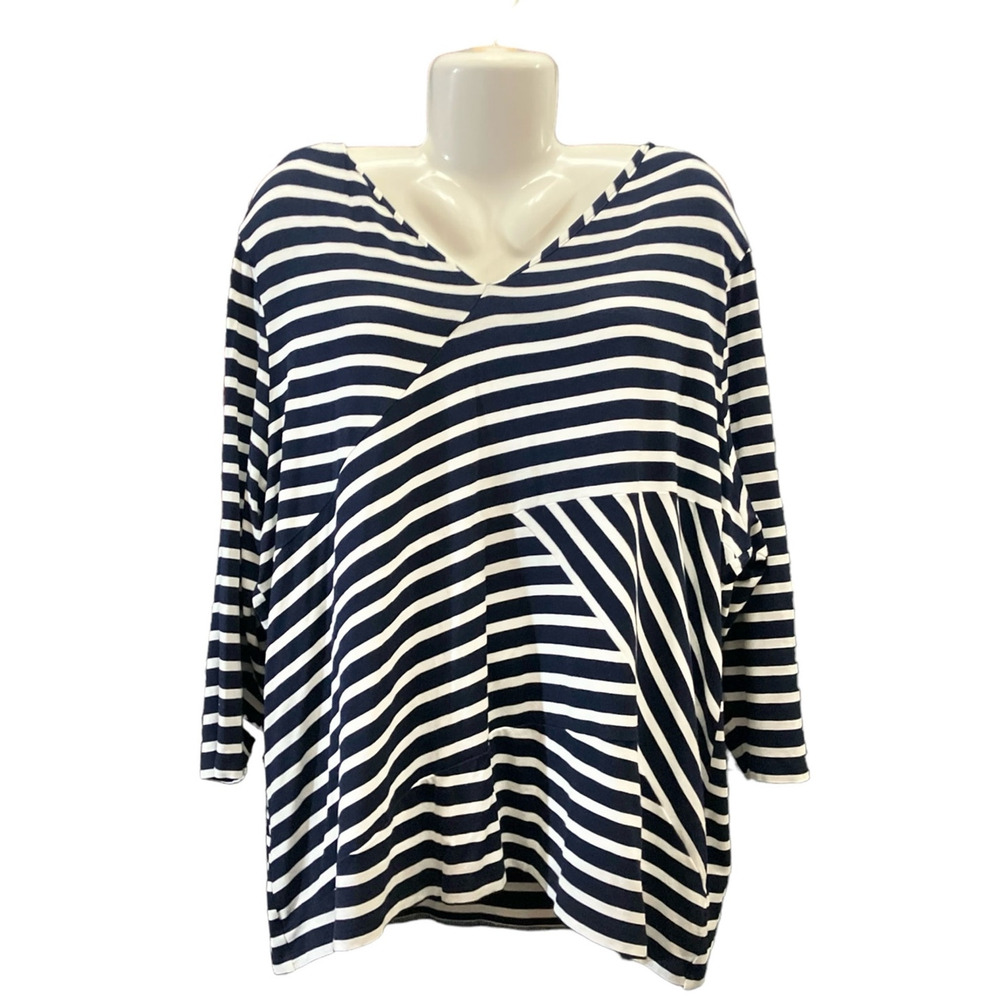 Talbots Women's Navy/White Geometric Striped V-Neck Stretch Knit Top | Size 3X